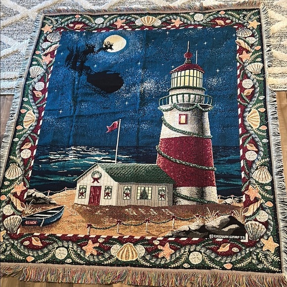 Crown Crafts Throw Blanket Lighthouse Christmas Santa Nautical Holiday Tapestry - Picture 1 of 6
